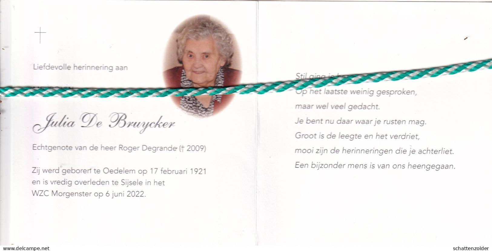 Julia De Bruycker-Degrande, Oedelem 1921, Sijsele 2022. Honderdjarige. Foto - Todesanzeige