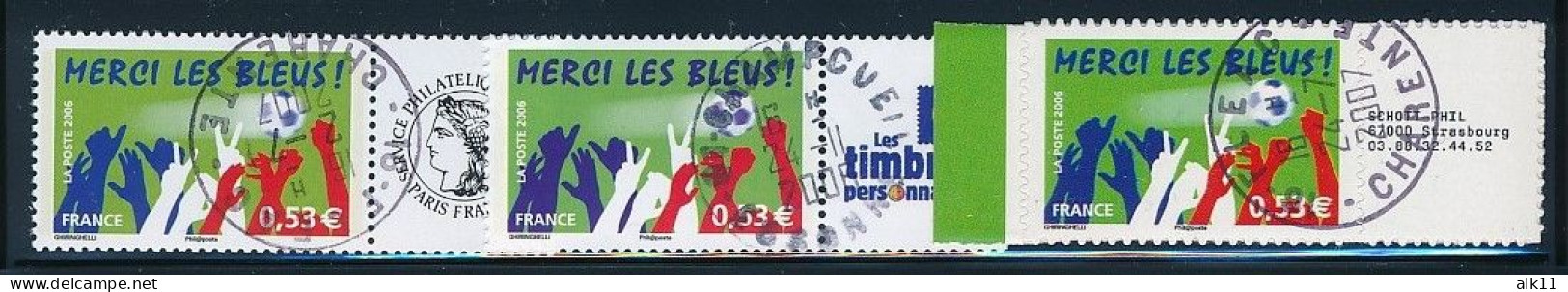 France 2006 - 3936A Et 3936B Adhésif Trois Timbres Football Merci Les Bleus Personnalisés - Oblitéré - Oblitérés