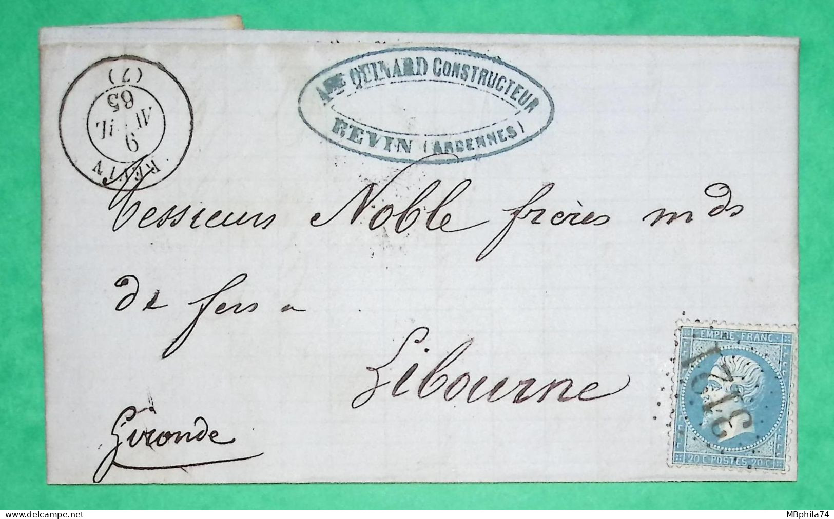 N°22 GC 3121 REVIN ARDENNES POUR LIBOURNE GIRONDE 1865 LETTRE COVER FRANCE - 1849-1876: Période Classique