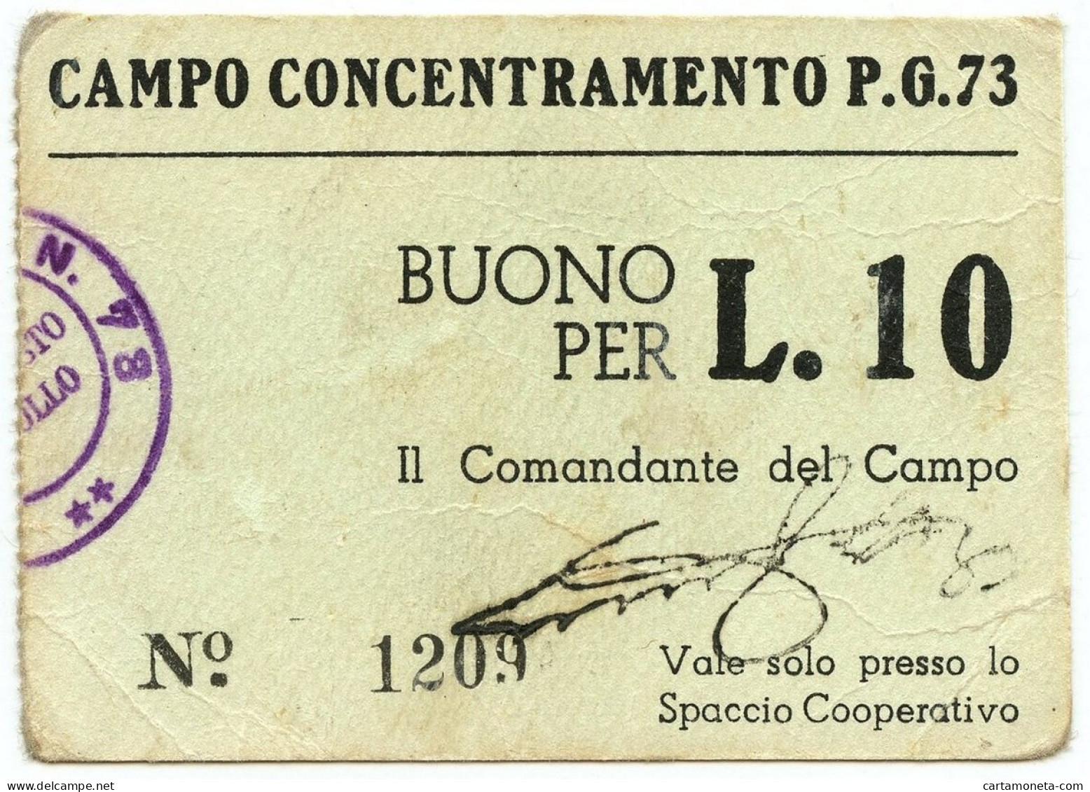 10 LIRE PRIGIONIERI DI GUERRA CAMPO DI CONCENTRAMENTO 73 CARPI 1939/1945 BB/SPL - Autres & Non Classés