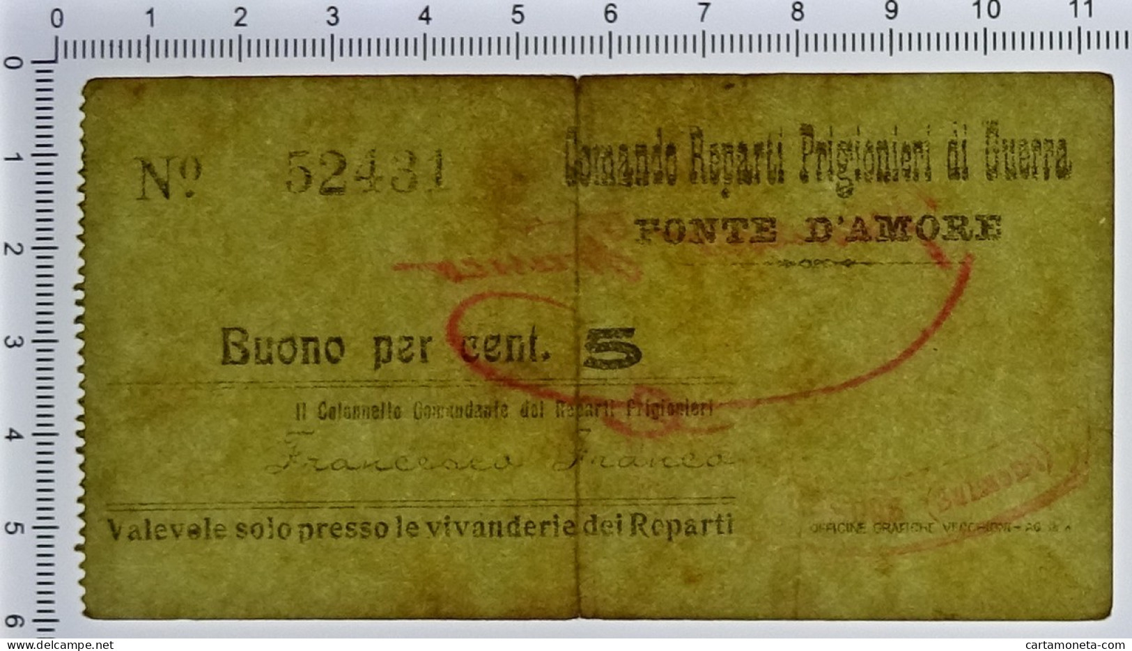 5 CENTESIMI LIRE PRIGIONIERI GUERRA CAMPO N. 78 FONTE D'AMORE SULMONA BB/BB+ - Autres & Non Classés