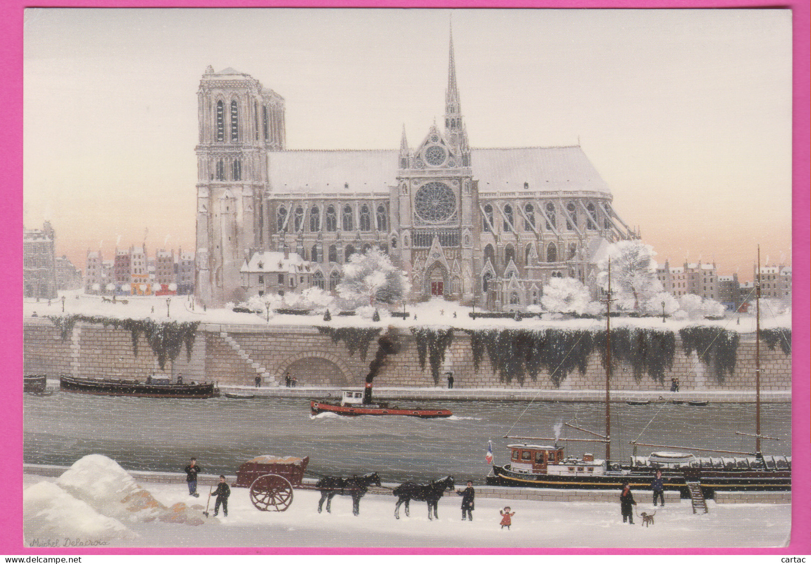 D75 - PARIS - NOTRE DAME EN HIVER - MICHEL DELACROIX - Illustration - Péniche-Bateaux-Charrette- CPM Grand Format - Eglises