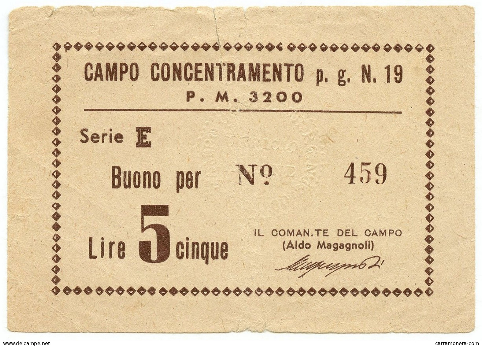 5 LIRE PRIGIONIERI GUERRA CAMPO CONCENTRAMENT 19 DUE MADONNE BOLOGNA 1939/45 QBB - Sonstige & Ohne Zuordnung