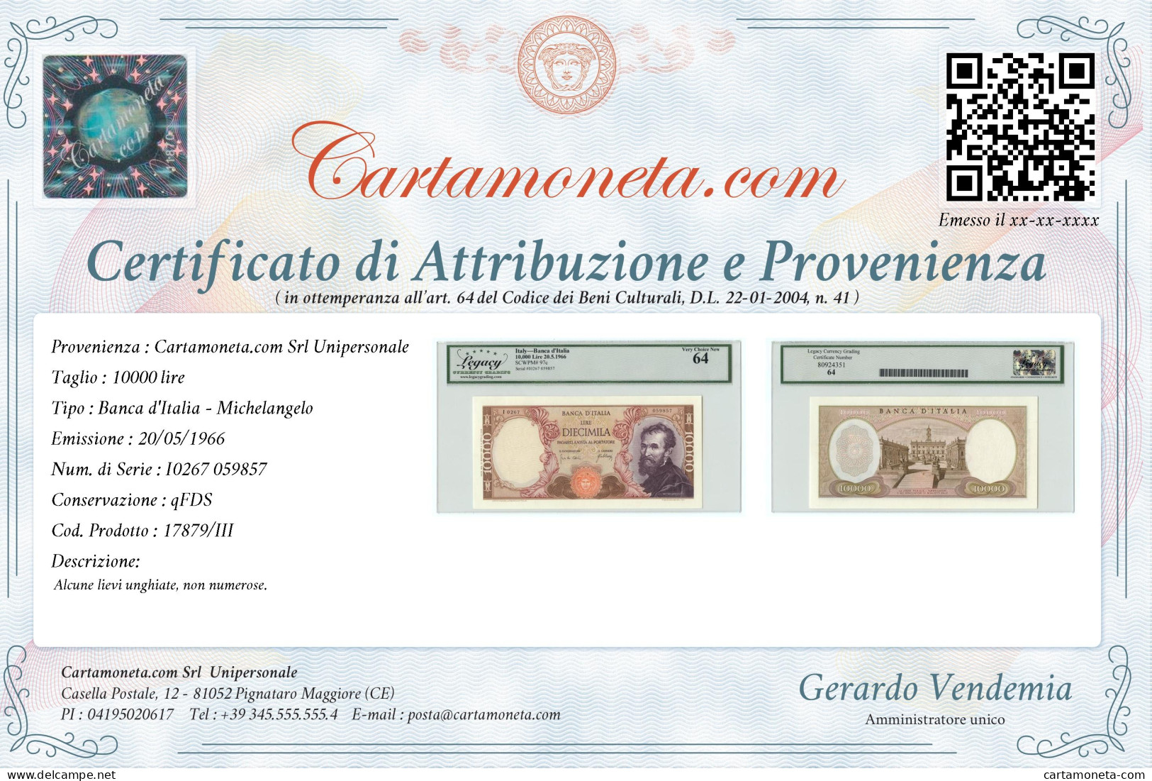 10000 LIRE BANCA D'ITALIA MICHELANGELO MEDUSA 20/05/1966 QFDS - Other & Unclassified