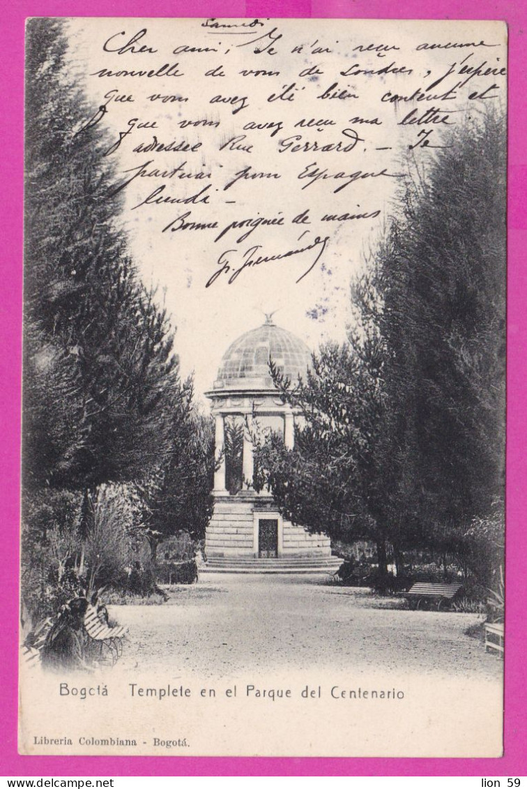 294257 / France - Bogota - Templete En El Parque Del Centenario ( Colombia ) PC 1907 Paris 45 USED 10 C. Semeuse Lignée - Covers & Documents