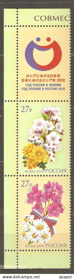 Russia: Full Set Of 2 Mint Stamps In Strip With Label, Flowers - Joint Issue With Japan, 2018, Mi#2567-8, MNH - Emissions Communes