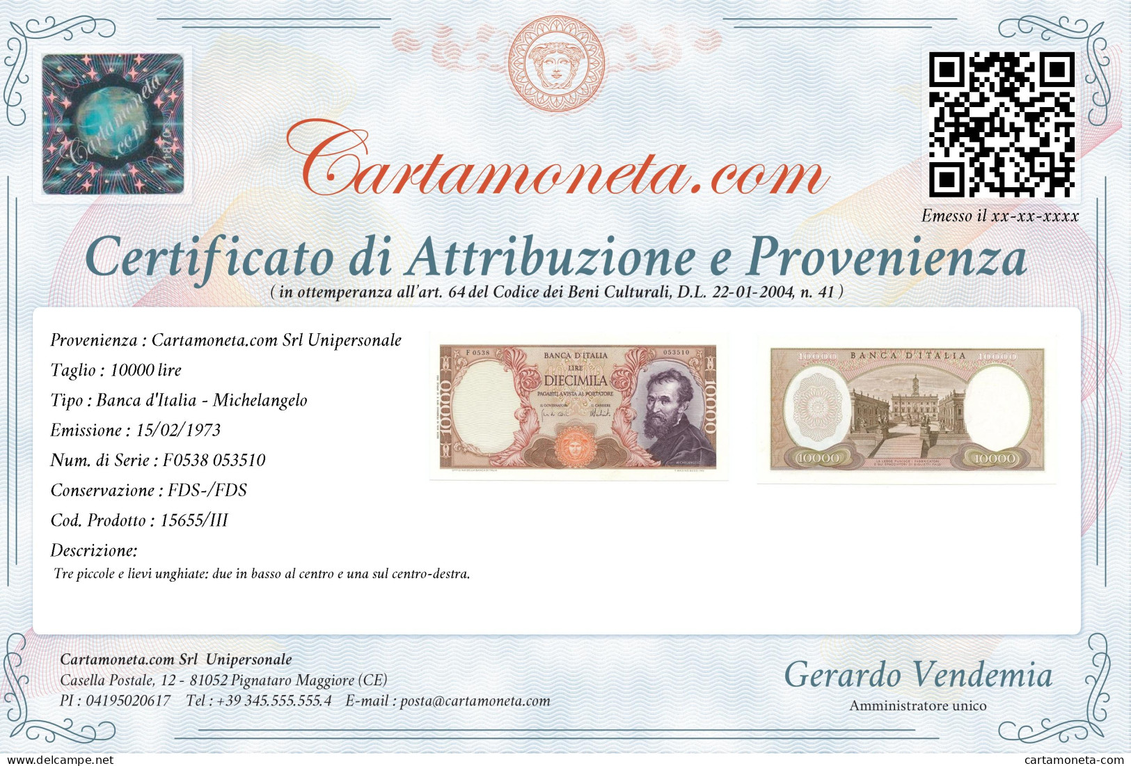 10000 LIRE BANCA D'ITALIA MICHELANGELO MEDUSA 15/02/1973 FDS-/FDS - Other & Unclassified