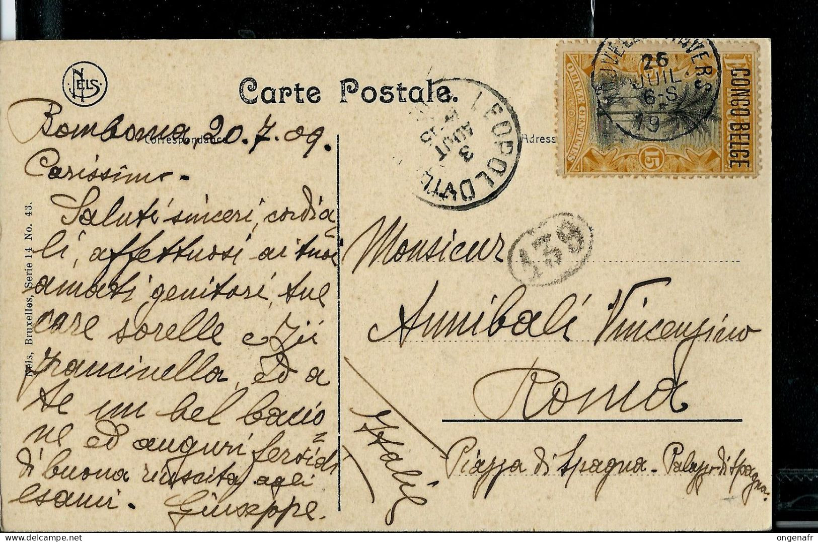 CP : Chef Samkuru, Obl. 26/07/1909 Vers L'Italie ( Type Mols Surchargé CONGO BELGE) - Covers & Documents