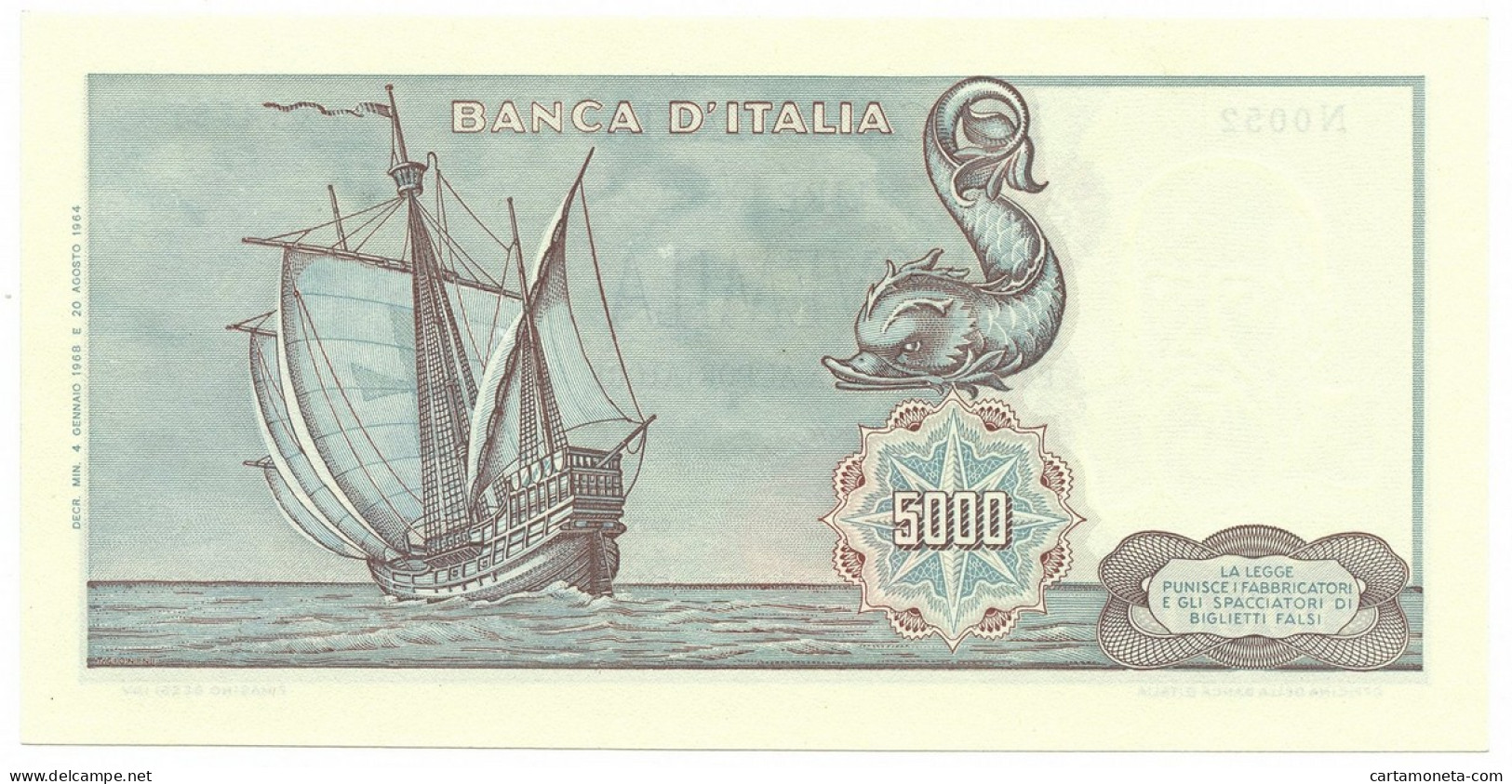 5000 LIRE CRISTOFORO COLOMBO I TIPO MEDUSA 04/01/1968 SUP+ - Other & Unclassified