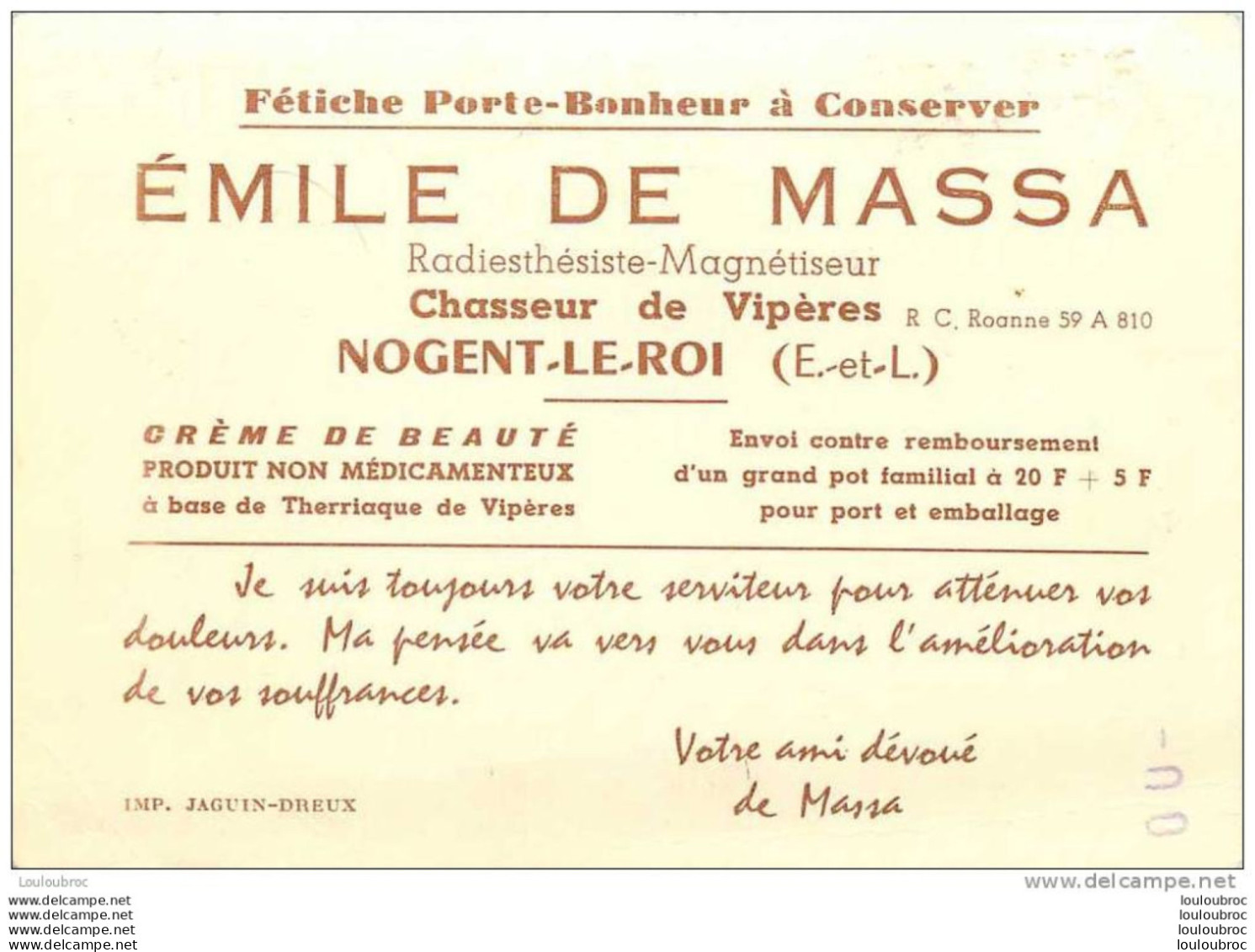 28 NOGENT LE ROI EMILE DE MASSA CHASSEUR DE VIPERES CARTE FORMAT 12 X 8 CM - Other & Unclassified