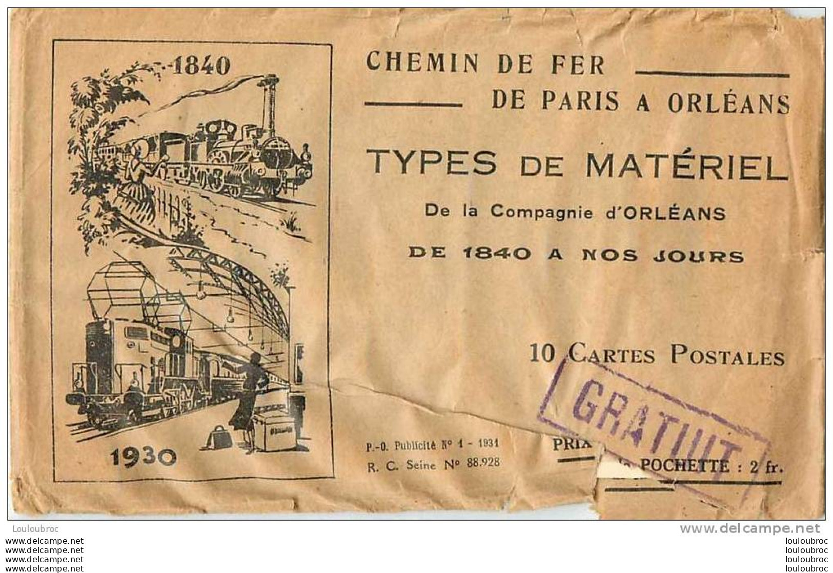 CHEMIN DE FER DE PARIS A ORLEANS POCHETTE COMPLETE DE 10 VUES TYPES DE MATERIEL DE LA CIE D'ORLEANS 1931 - Materiaal