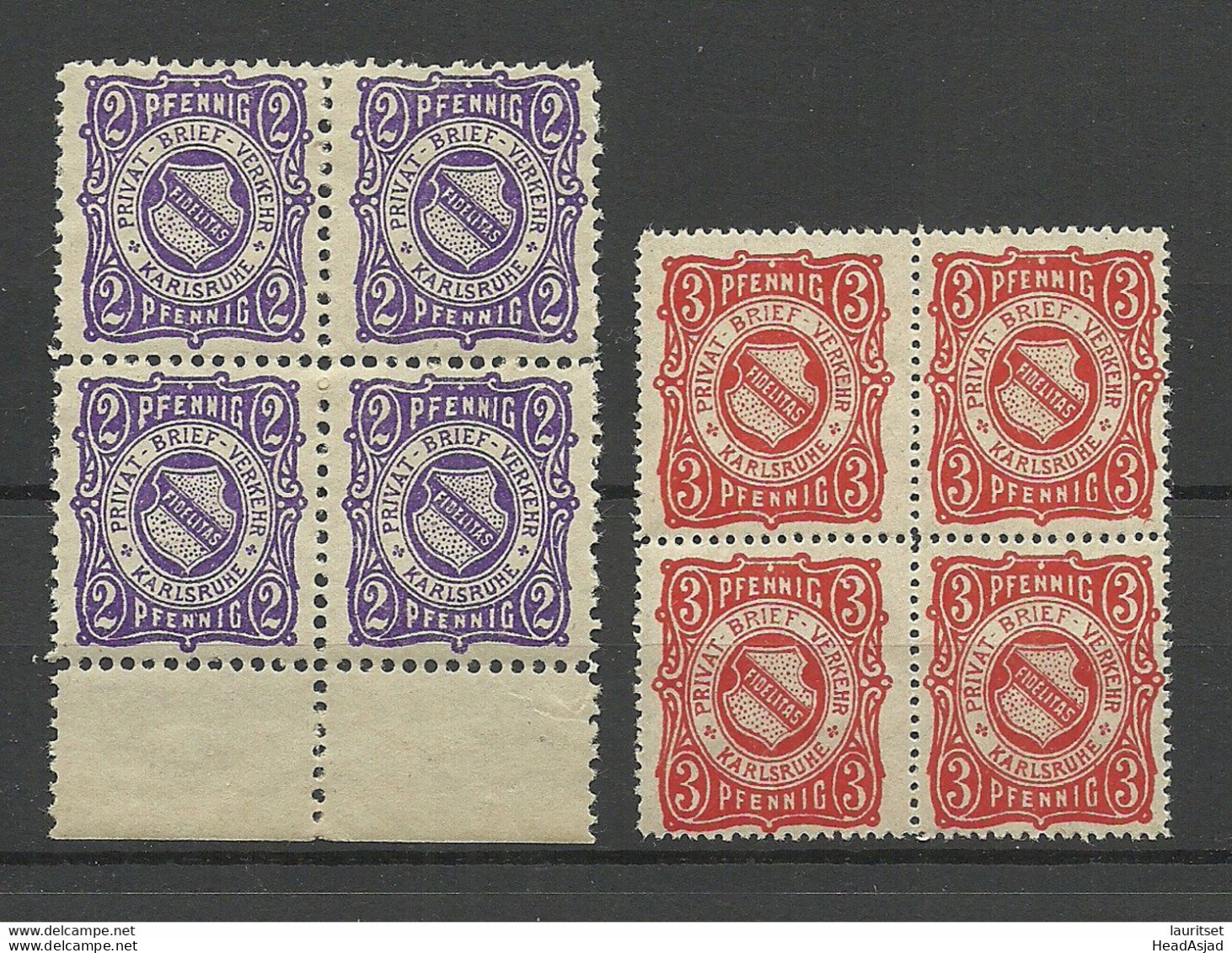 Deutschland Ca 1890 Lokaler Stadtpost KARLSRUHE Local City Post Privatpost 2 X 4-Block MNH - Postes Privées & Locales