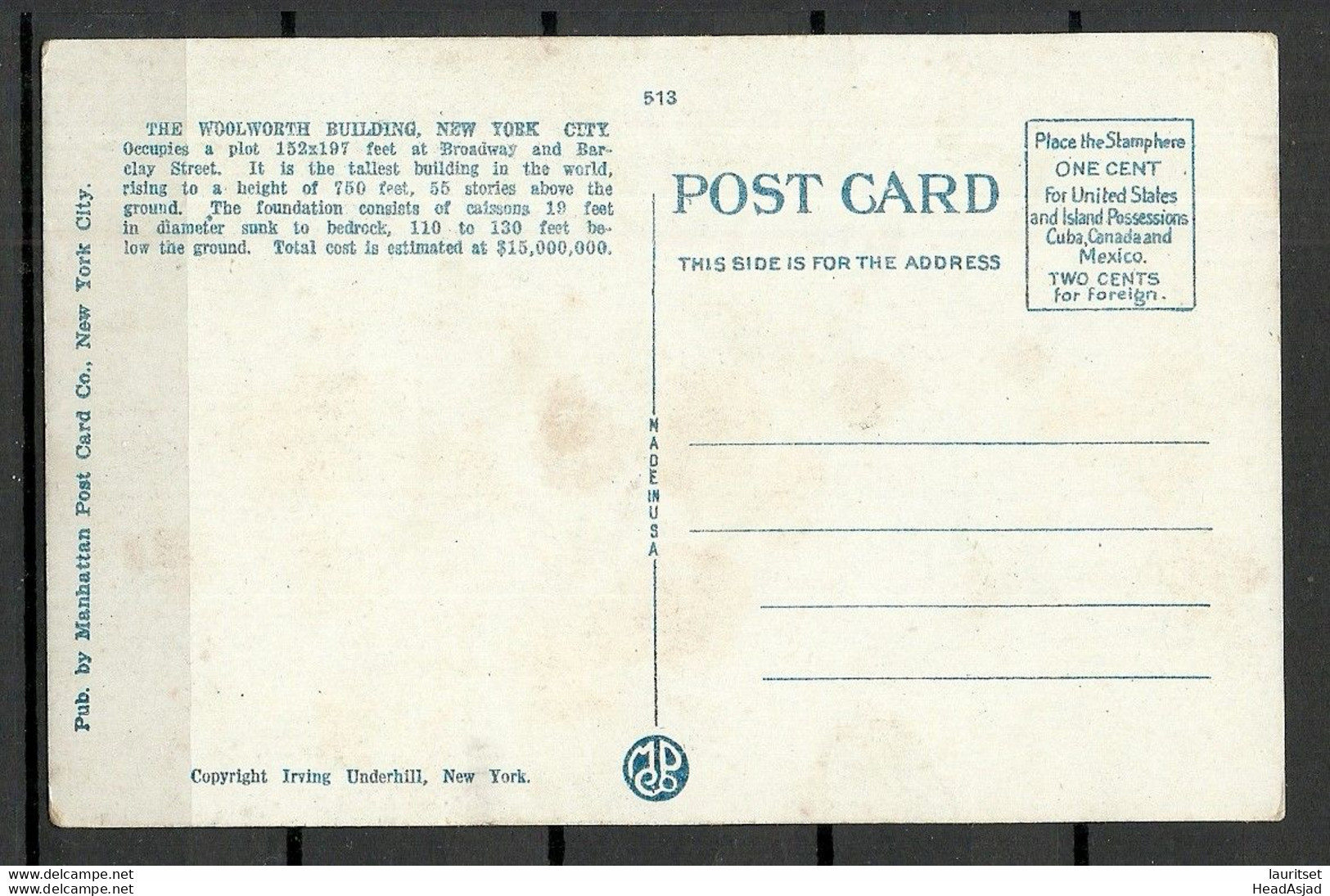 USA New York City The Woolworth Building Colored Post Card, Manhattan Post Card Co., Unused - Other & Unclassified