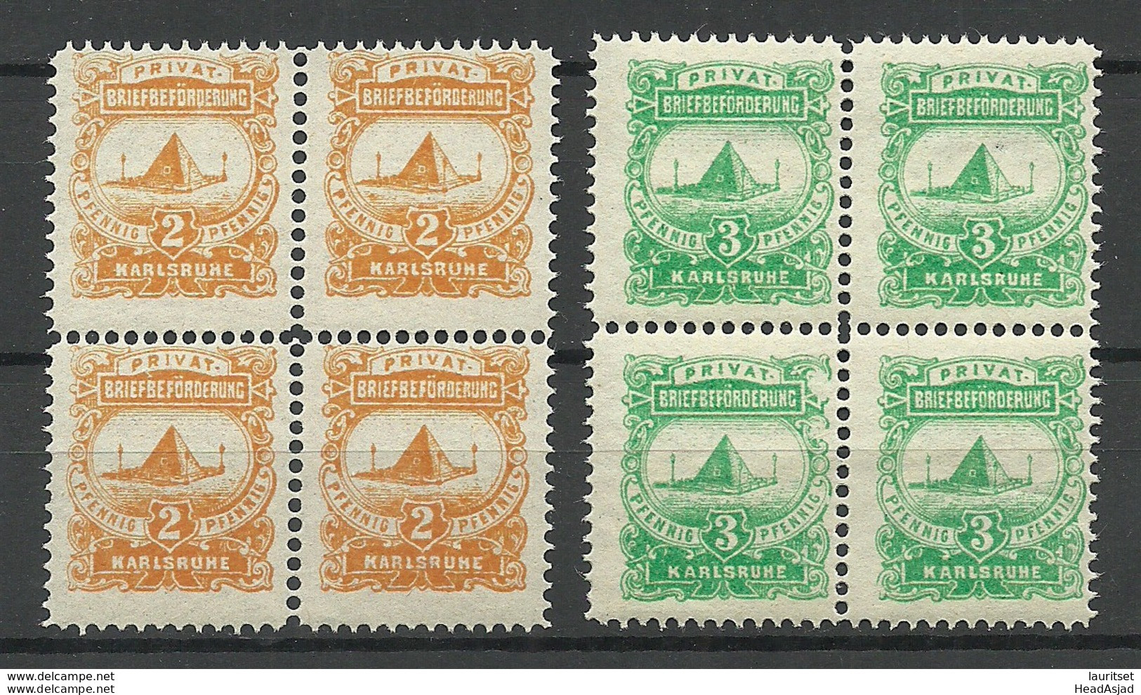 Germany Ca 1890 KARLSRUHE Privater Stadtpost 2 & 3 Pf Local City Post Als 4-block MNH - Postes Privées & Locales