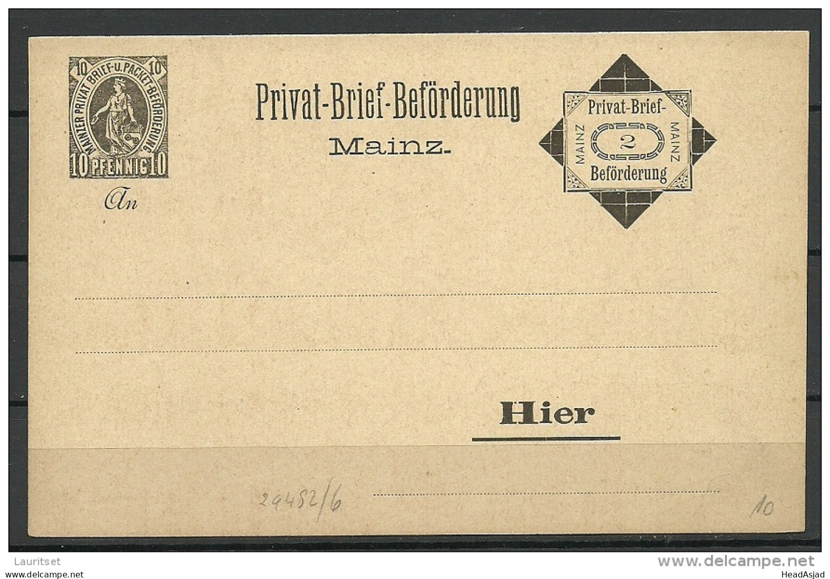 Deutschland Privatpost Ca 1887 Stadtpost MAINZ Local City Post Stationery Ganzsache - Postes Privées & Locales