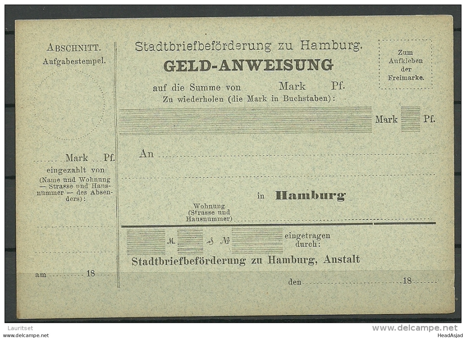 Germany Ca 1890 HAMBURG Stadtbriefbeförderung Local City Post Geld-Anweisung Money-transfer Card - Autres & Non Classés