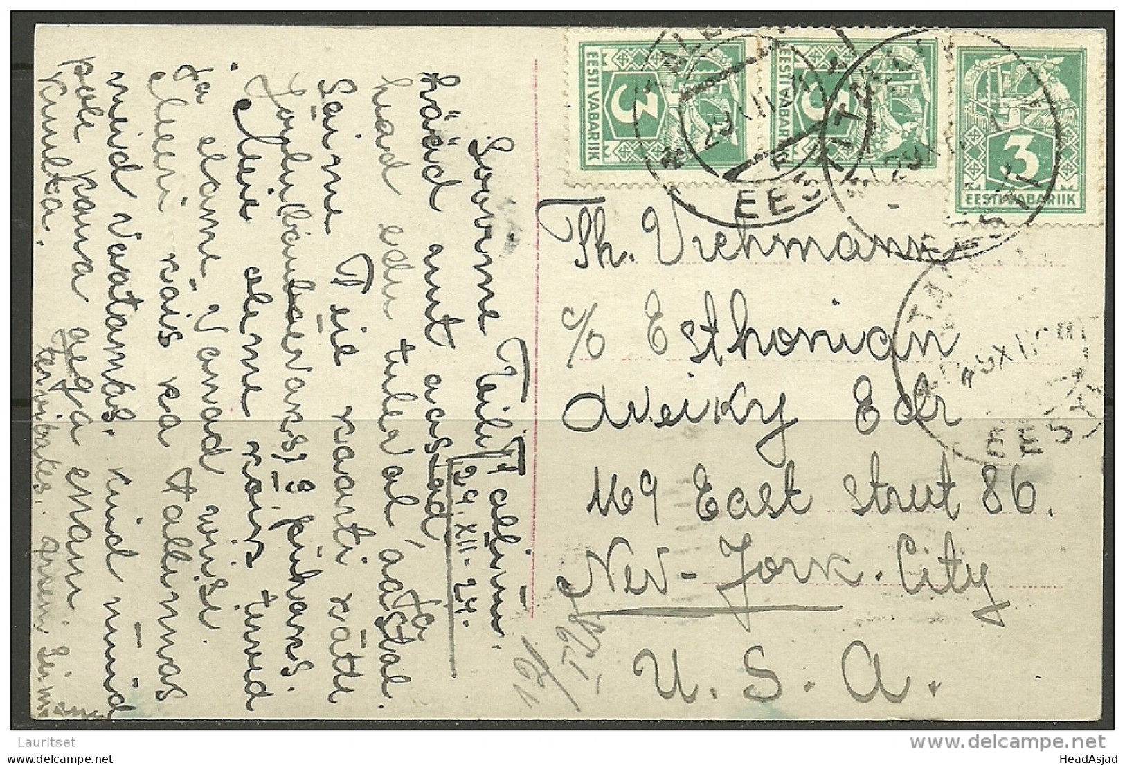 Estland Estonia 1924 Post Card Happy New Year Frankiert 3 X Michel 36 Nach New York City U.S.A. - Estonie