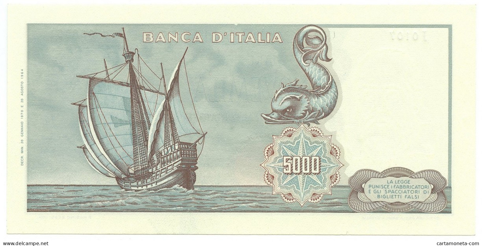 5000 LIRE CRISTOFORO COLOMBO I TIPO MEDUSA 20/01/1970 QFDS - Andere & Zonder Classificatie