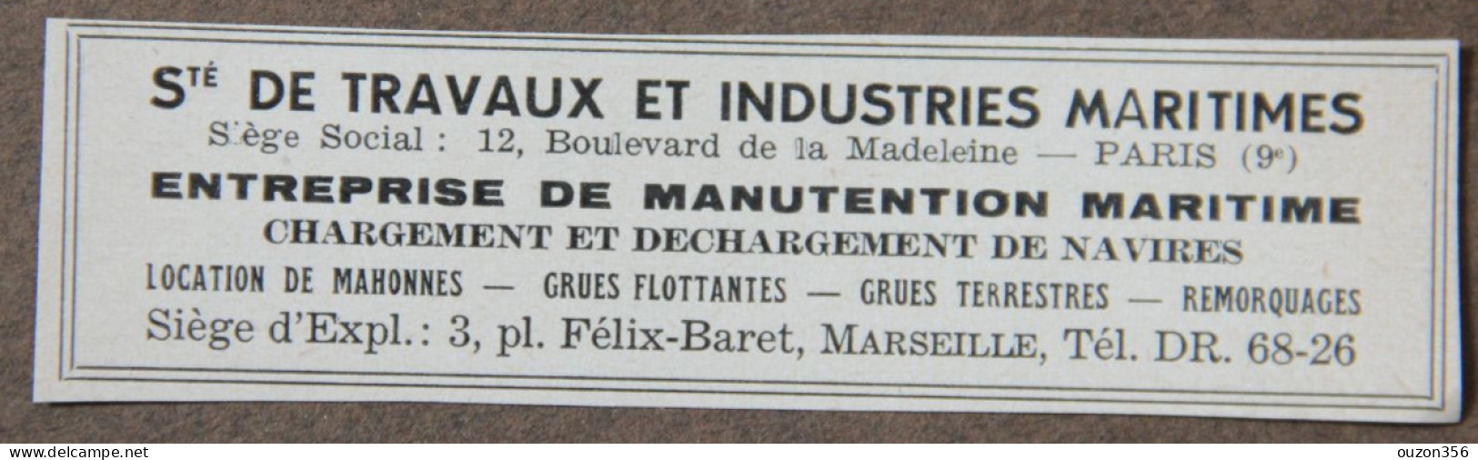 Publicité, Sté De Travaux Et Industries Maritimes, Paris Et Marseille, 1951 - Advertising