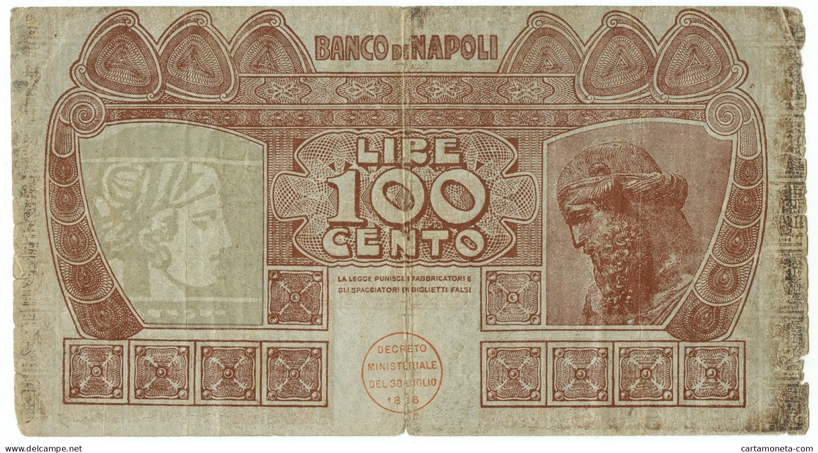 100 LIRE FALSO D'EPOCA BANCO DI NAPOLI BIGLIETTO AL PORTATORE 31/05/1915 MB/BB - [ 8] Fictifs & Specimens