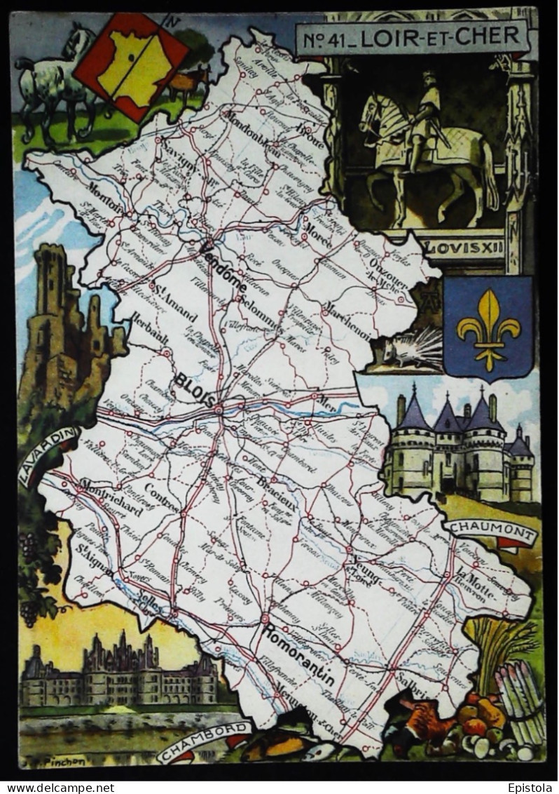 ► Carte Géographique Blondel Rougery -  LOIR Et CHER  41  Illustration   Elevage Chevaux Asperges Chasse Et Pêche - Cartes Géographiques