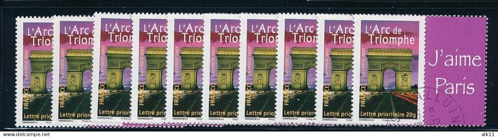 France 2007 - 3599A Dix Timbres Arc De Triomphe Personnalisé Avec Logo J'Aime  Paris En 10 Langues - Oblitéré - Used Stamps