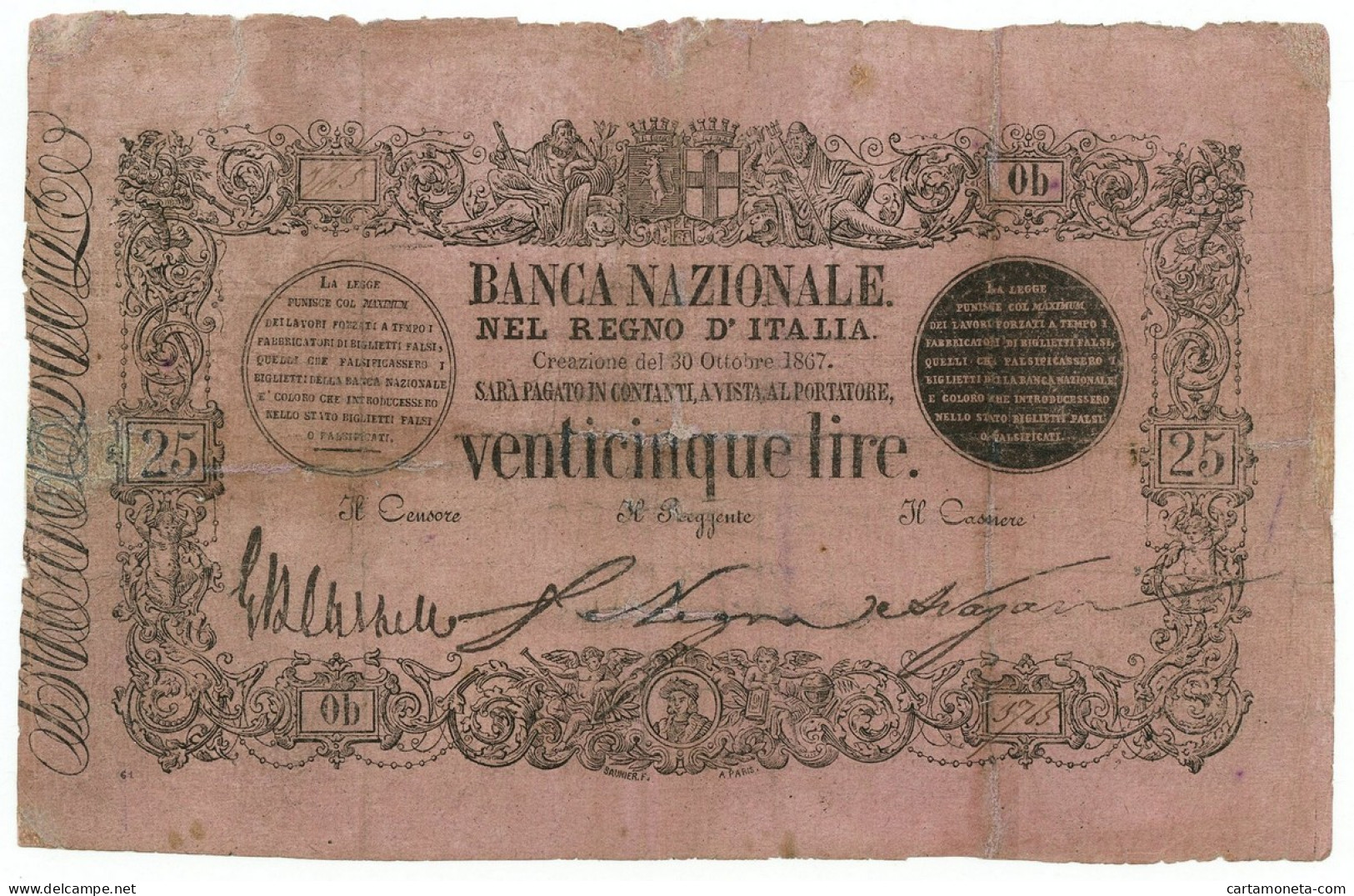 25 LIRE FALSO D'EPOCA BANCA NAZIONALE NEL REGNO D'ITALIA 30/10/1867 MB+ - [ 8] Falsi & Saggi