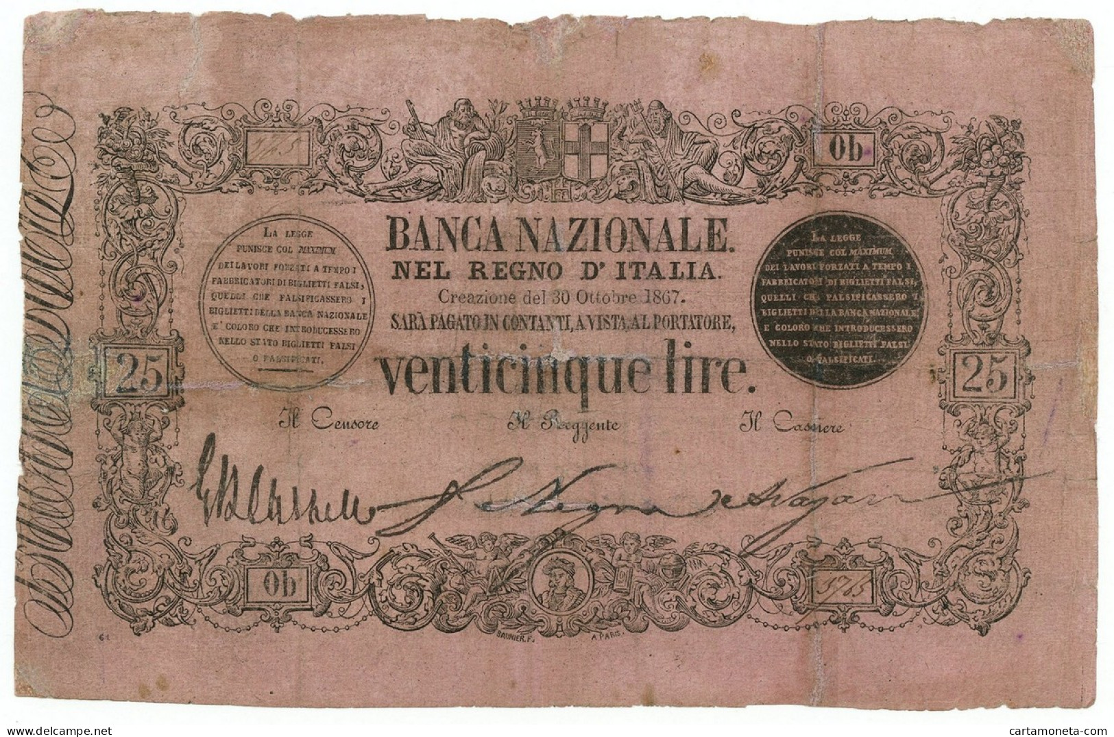 25 LIRE FALSO D'EPOCA BANCA NAZIONALE NEL REGNO D'ITALIA 30/10/1867 MB+ - [ 8] Fictifs & Specimens