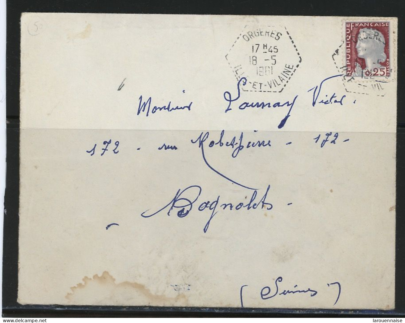 35-ORGÈRES -AGENCE POSTALE - N°1263 /LSC  POUR BAGNOLET Obl  -CàD TYPE F7 DU 18-5-1961 - 1961-....