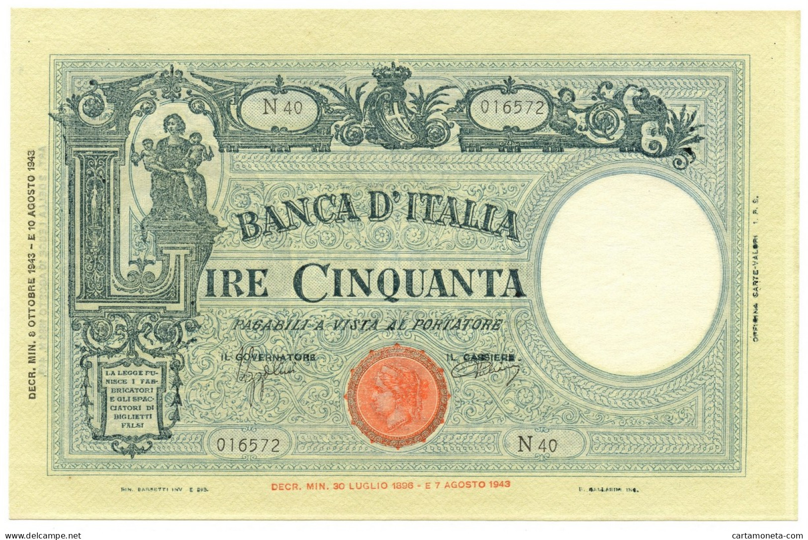 50 LIRE BARBETTI GRANDE L SENZA MATRICE BI RSI 08/10/1943 QFDS - Regno D'Italia – Autres