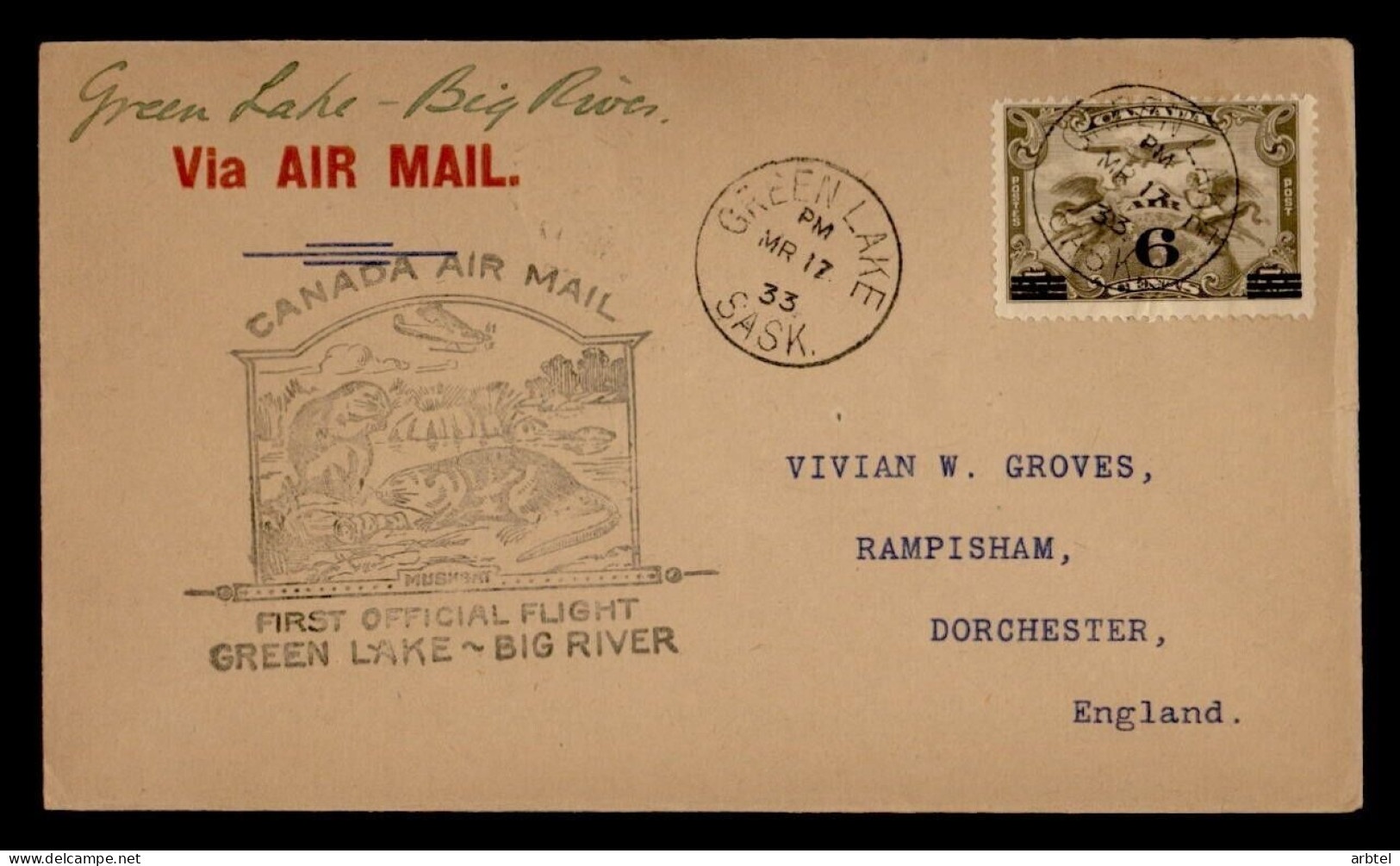 CANADA 1933 PRIMER VUELO GREEN LAKE BIG RIVER MUSKRAT ROEDOR - Rodents