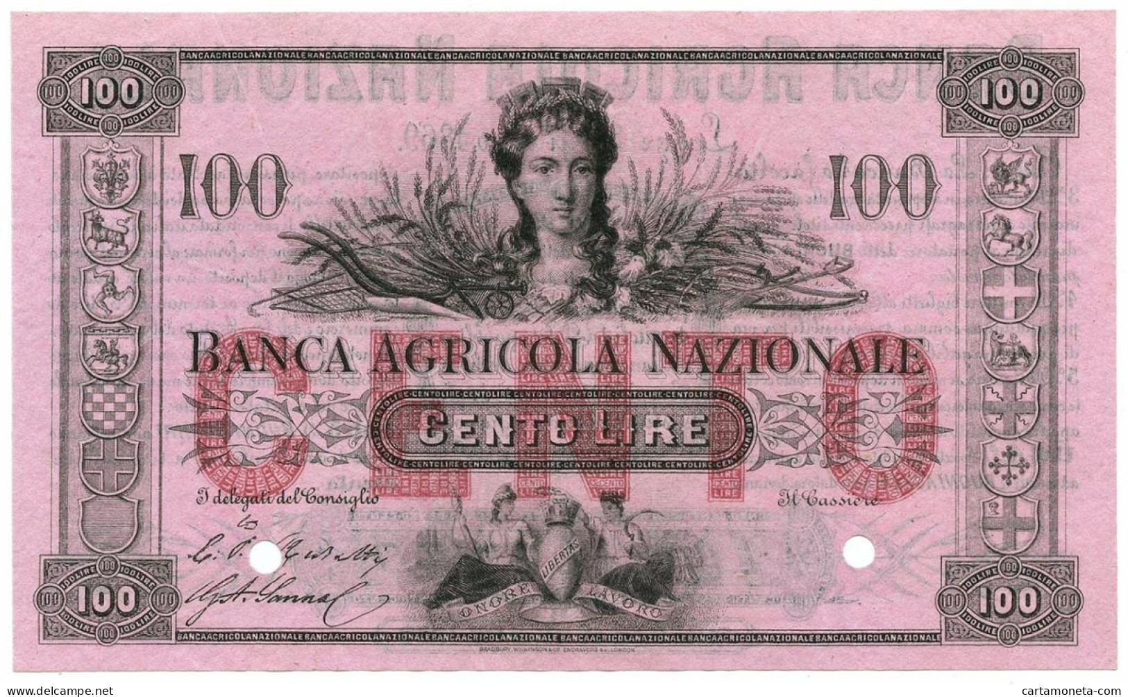 100 LIRE BANCA AGRICOLA NAZIONALE SPECIMEN 01/06/1870 SUP - Autres & Non Classés