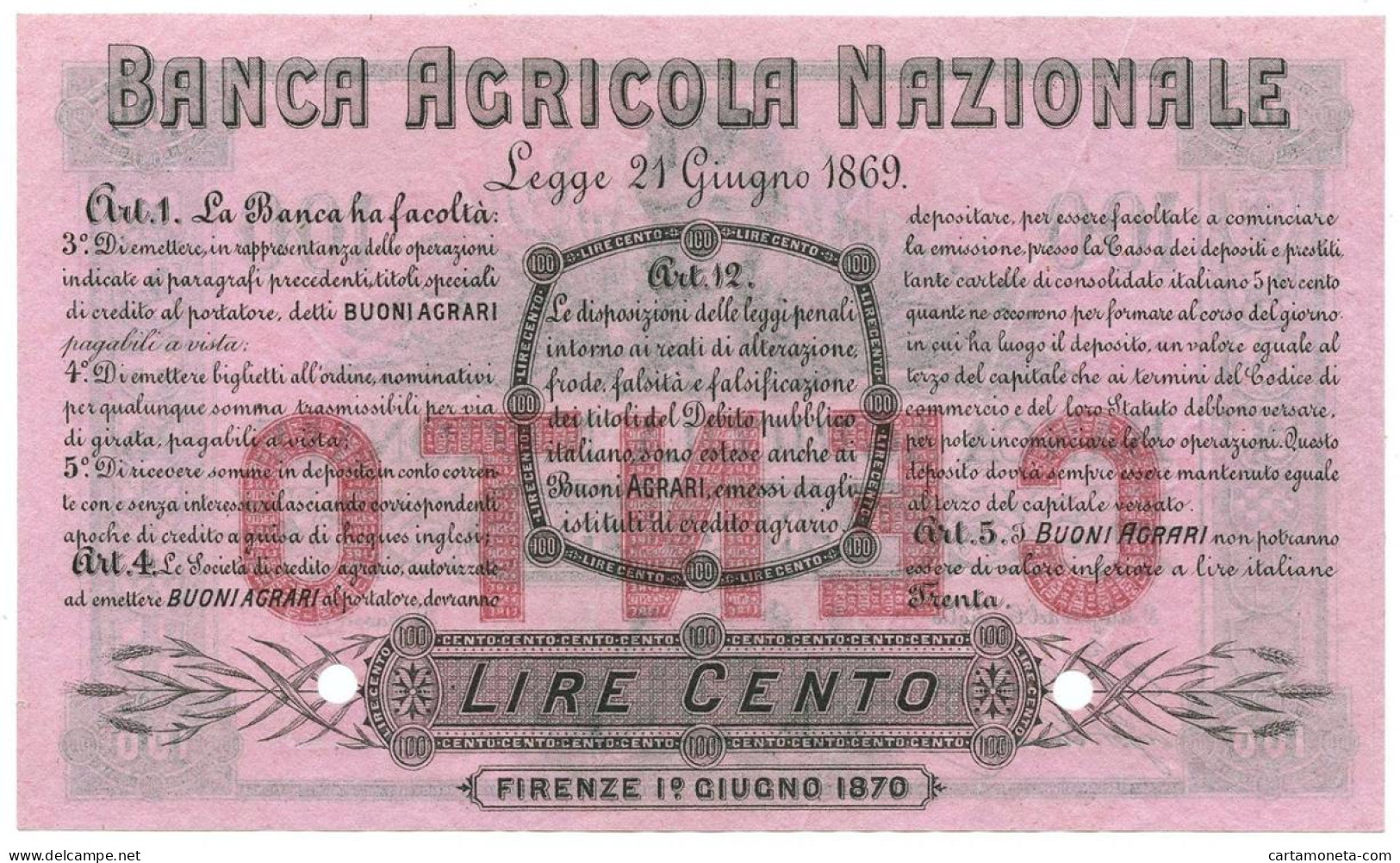100 LIRE BANCA AGRICOLA NAZIONALE SPECIMEN 01/06/1870 SUP - Otros & Sin Clasificación