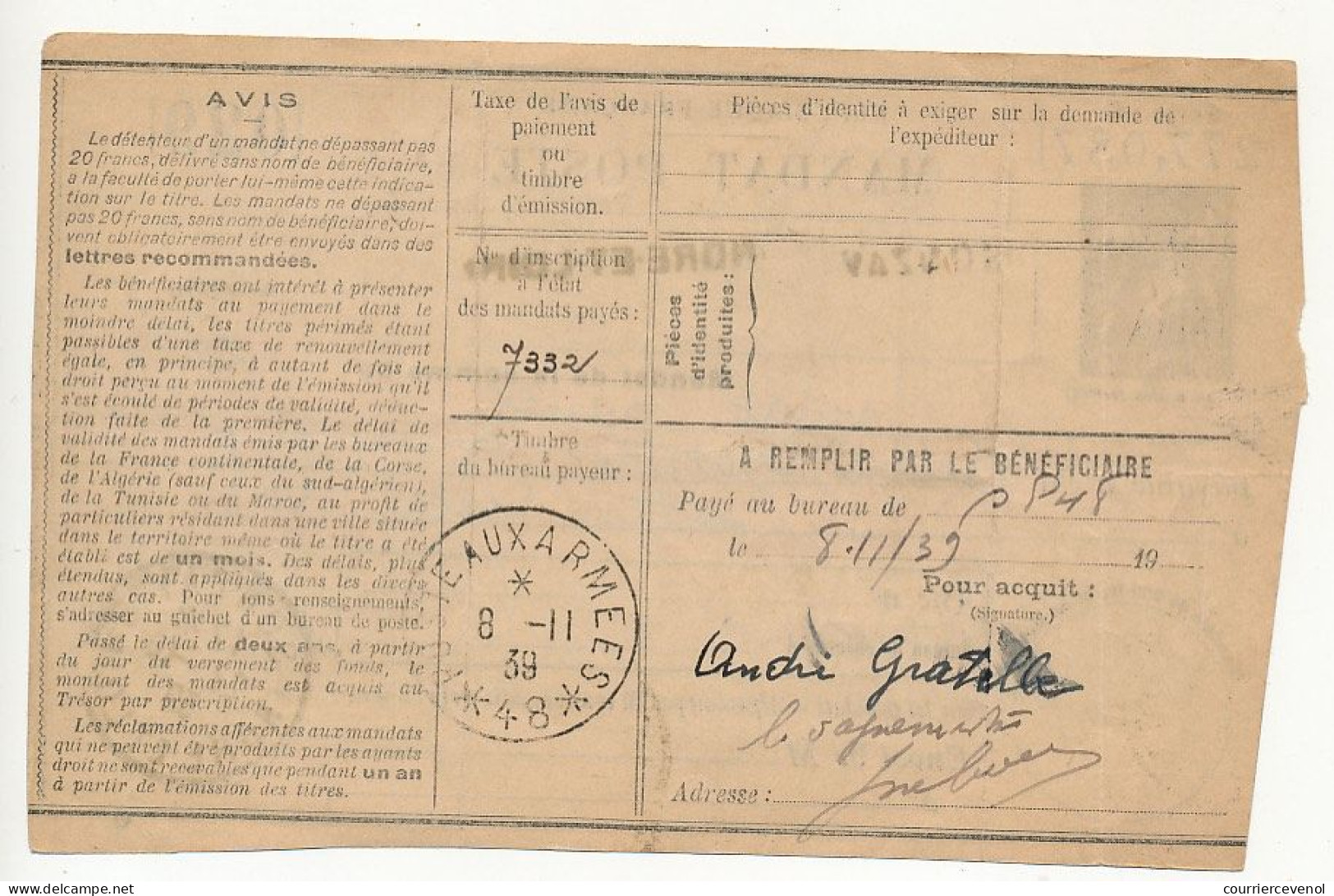 MANDAT POSTE Type Sage Série C - Cachets SONZAY (Indre Et Loire) 1939 - Arrivée Poste Aux Armées *48* - Etat B / TB - Autres & Non Classés