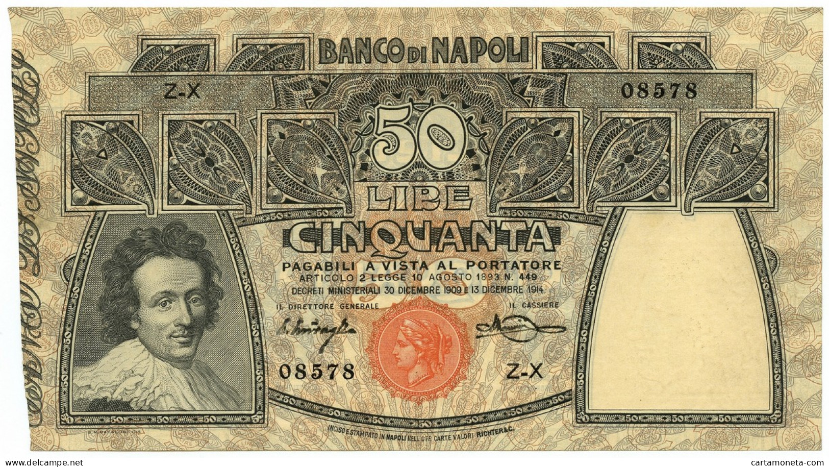50 LIRE BANCO DI NAPOLI BIGLIETTO AL PORTATORE 13/12/1914 SPL+ - Autres & Non Classés