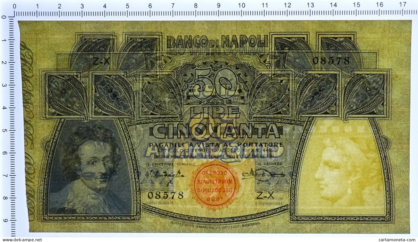 50 LIRE BANCO DI NAPOLI BIGLIETTO AL PORTATORE 13/12/1914 SPL+ - Autres & Non Classés