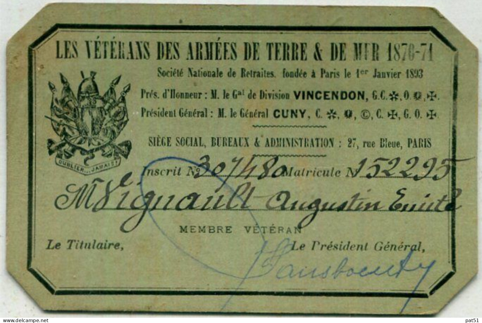MILITARIA : Carte D'Identité - Vétérans Des Armées De Terre Et De Mer - 1870 - 71 - Documents