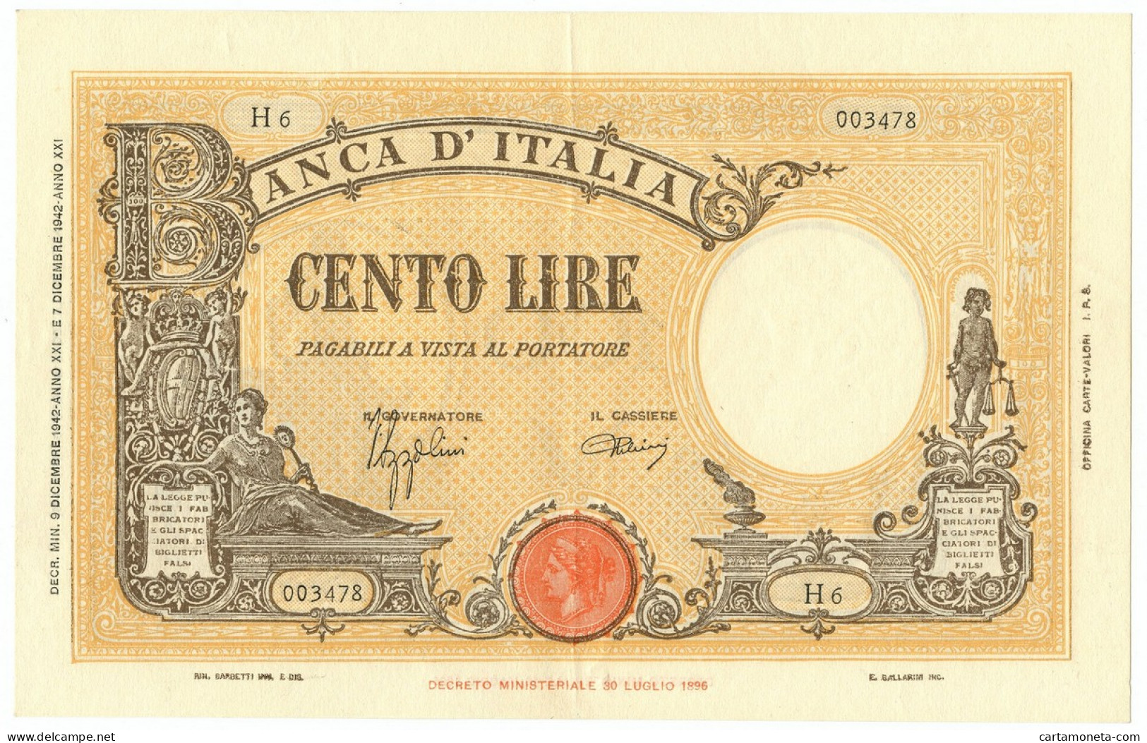 100 LIRE BARBETTI GRANDE B GIALLO TESTINA FASCIO 09/12/1942 SUP- - Andere