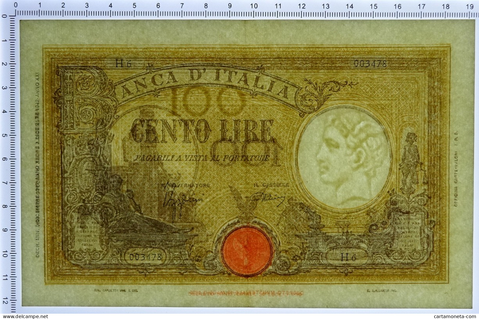 100 LIRE BARBETTI GRANDE B GIALLO TESTINA FASCIO 09/12/1942 SUP- - Andere