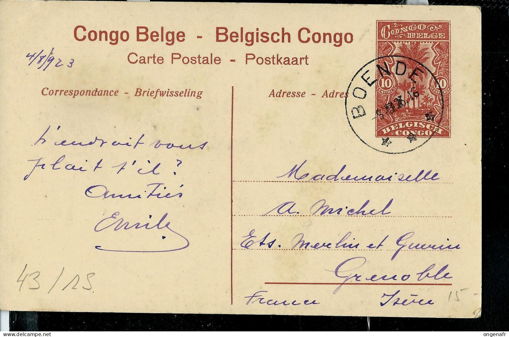 Carte Avec Vue: N° 43-15 (Vue Sur Le Fleuve à Banana) Obl. BOENDE (étoiles) 05/08/1923 Vers La France - Entiers Postaux