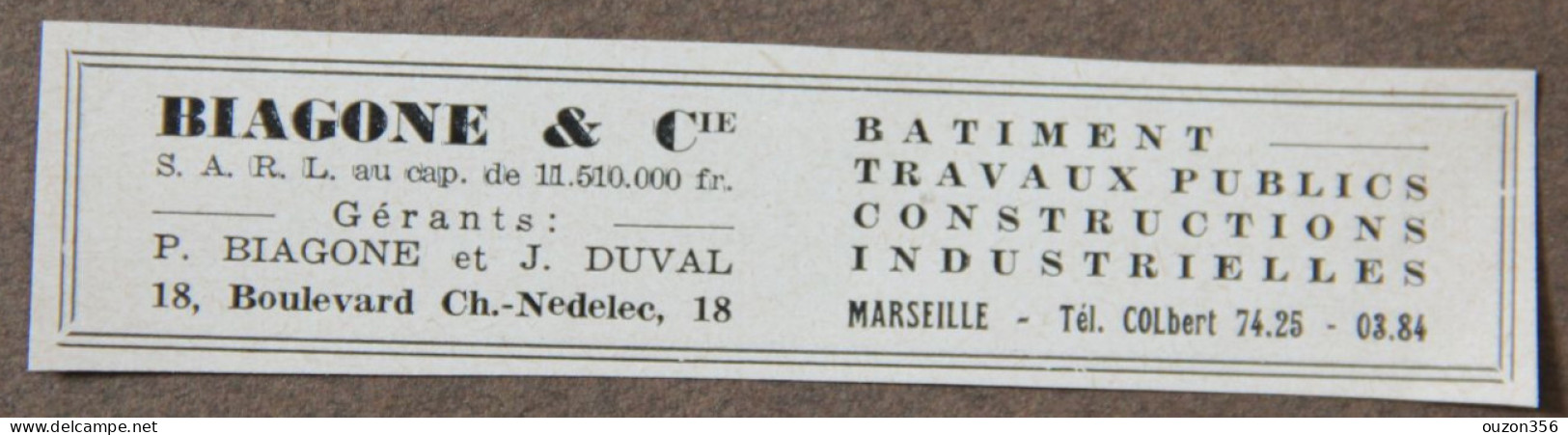 Publicité, BIAGONE Et Cie, Bâtiment, Travaux Publics, Constructions Industrielles, Marseille, 1951 - Werbung