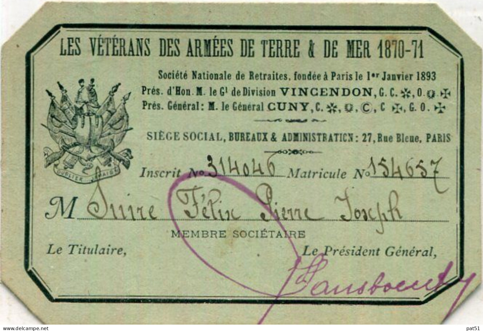 MILITARIA : Carte D'Identité - Vétérans Des Armées De Terre Et De Mer - 1870 - 71 - # - Documents