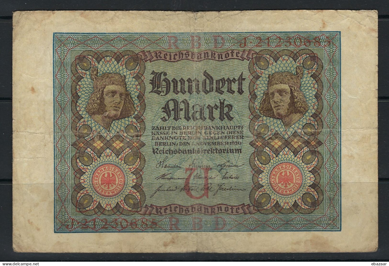 Germany 100 Mark 01.11.1920 Banknote P-69b Circulated With Fold - 100 Mark