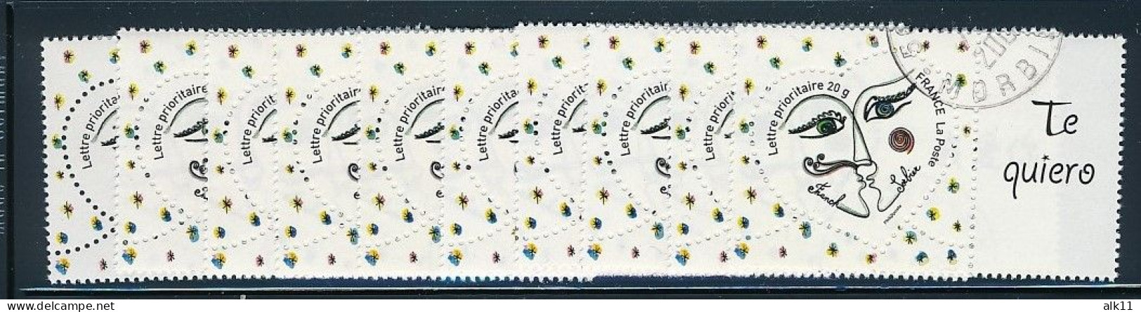 France 2008 - 4128A Dix Timbres Coeur Sorbier Personnalisé Avec Logo Je T'aime En 10 Langues - Oblitéré - Usati