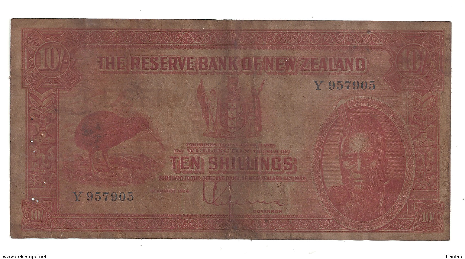 NEW ZEALAND 10 SHILLINGS RED MAORI KIWI  01-08-1934 - New Zealand