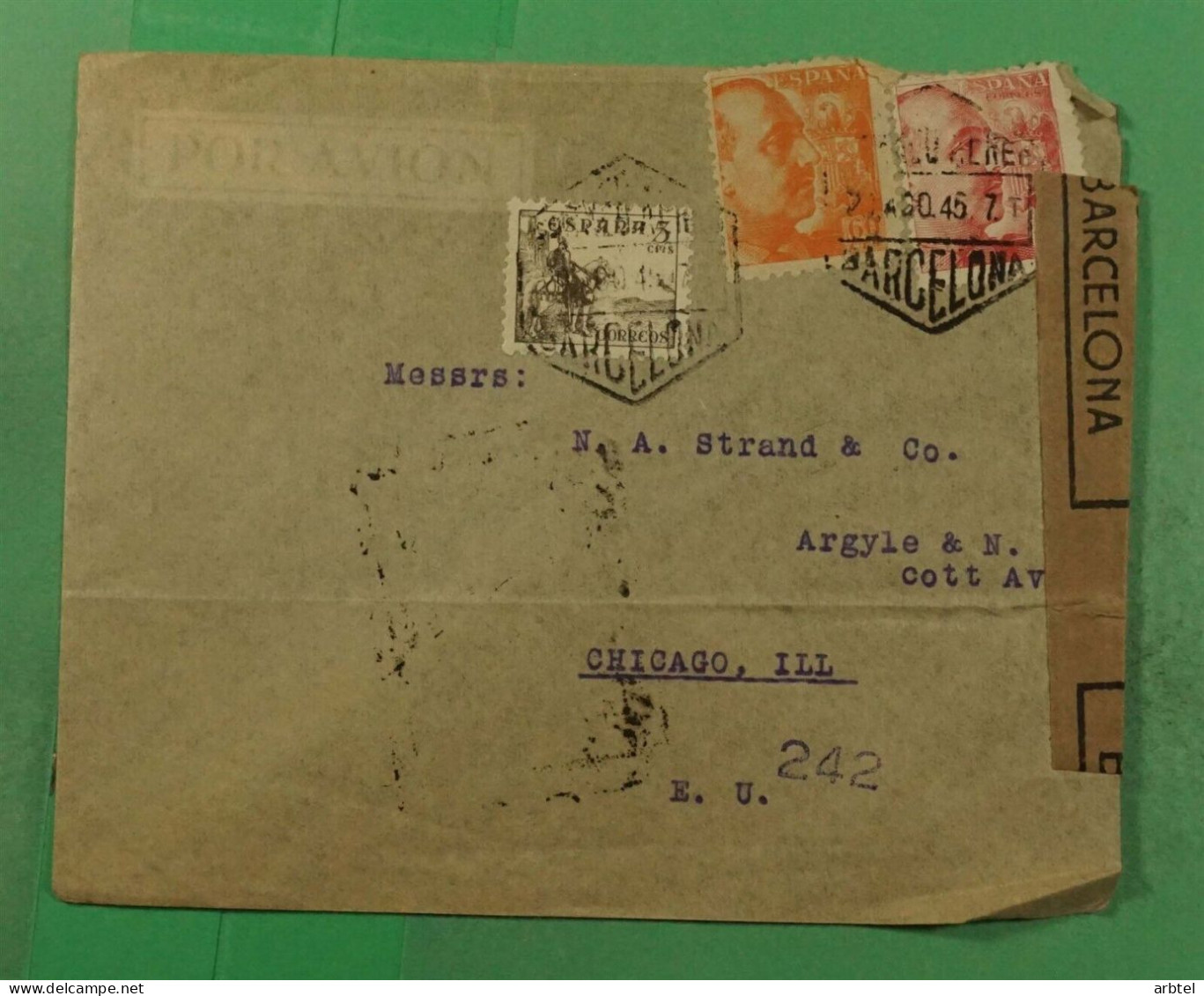 BARCELONA AEREA A USA 1945 CON CENSURA MAT HEXAGONAL - Covers & Documents