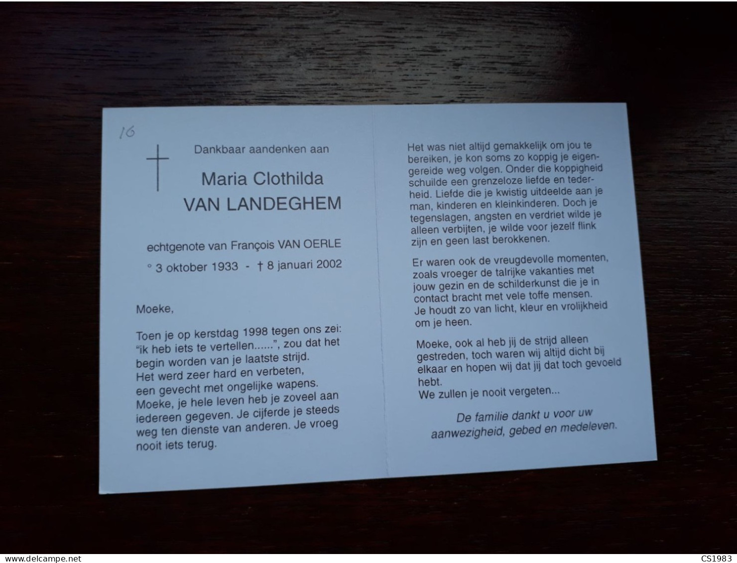 Maria Clothilda Van Landeghem ° 1933 + 2002 X François Van Oerle - Begraf. Schoten - Obituary Notices