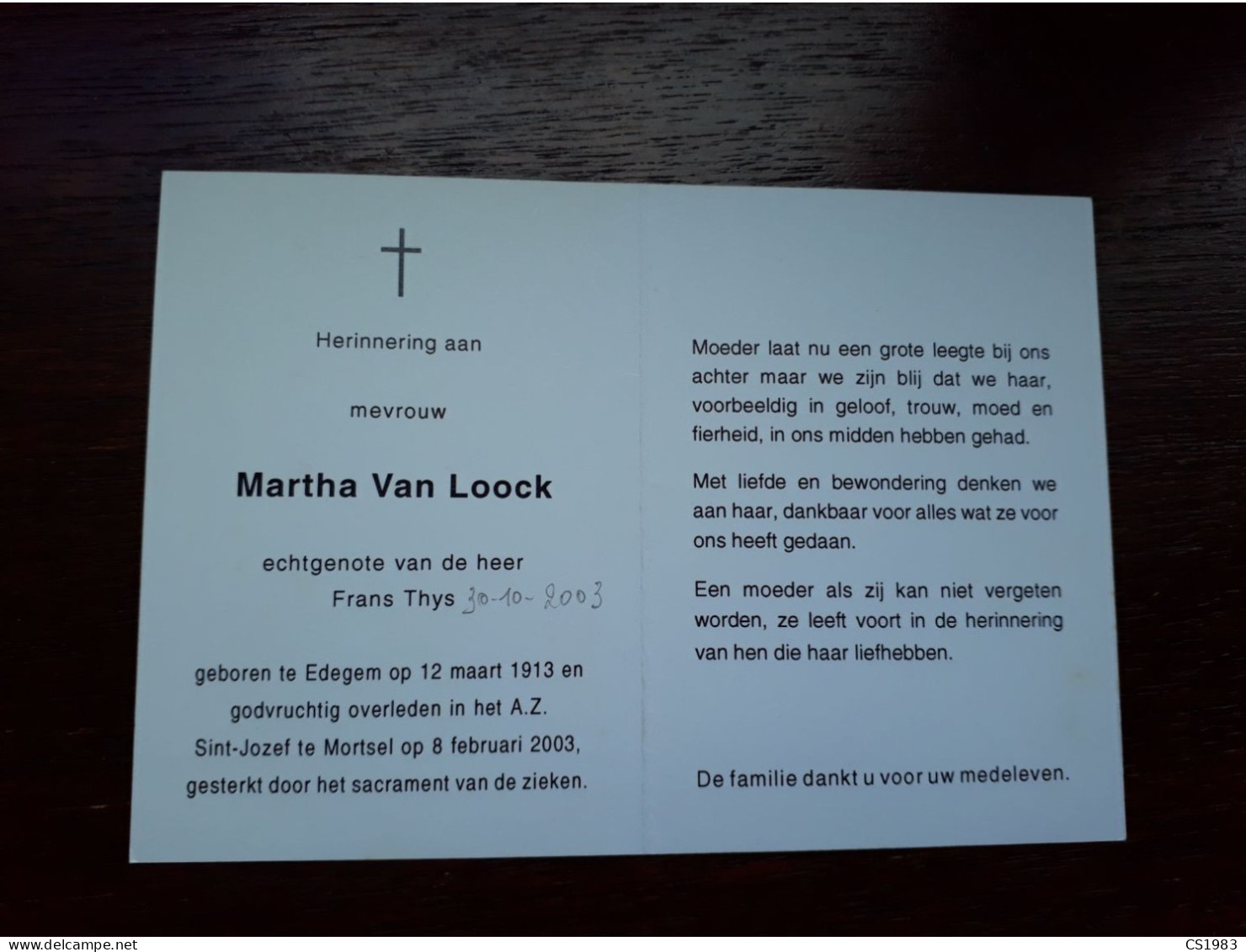 Martha Van Loock ° Edegem 1913 + Mortsel 2003 X Frans Thys - Todesanzeige