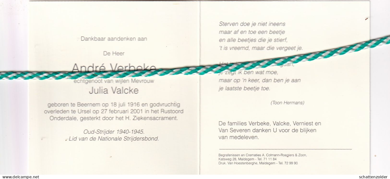 André Verbeke-Valcke, Beernem 1916, Ursel 2001. Oud-strijder 40-45. Foto - Obituary Notices