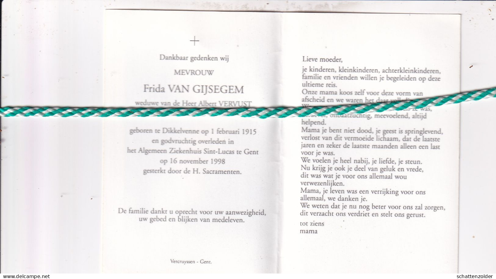 Frida Van Gijsegem-Vervust, Dikkelvenne 1915, Gent 1998. Foto - Overlijden